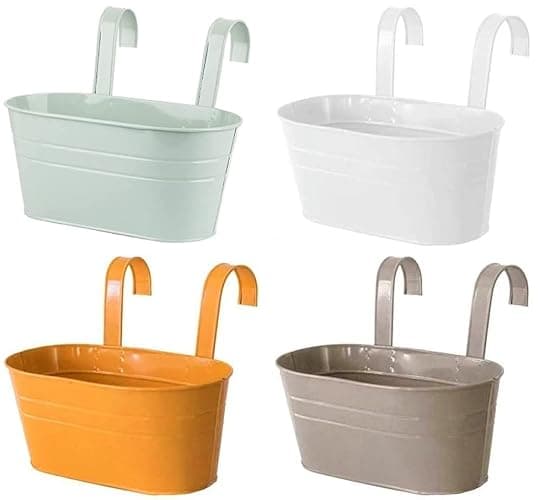 KAHEIGN 4 Pièces Métal Pots de Fleurs Suspendus, 27,5CM Grands Pots deFleurs Seau à Fleurs Suspendu avec Crochet Amovible pour Balcon Clôture Jardin Maison Décor (4 Couleurs) - Image 1