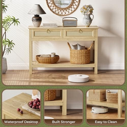 SUPERJARE Rattan Console Sofa Table with Outlets and USB-C Port, 2 Drawer Entryway Table with Synthetic Rattan Surface, 39 Inch, Open Shelf, Behind Couch Entry Foyer Hallway Storage, Natural thumbnail 7