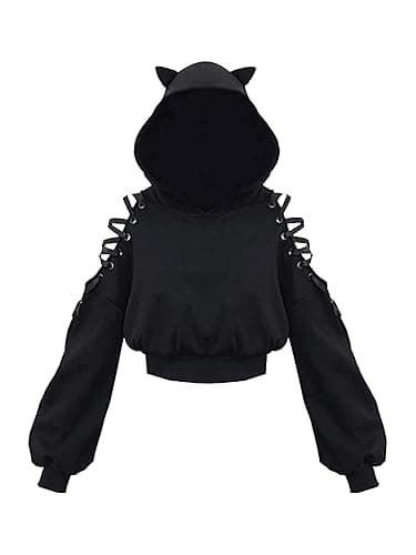 Loalirando Women's Cute Cat Ear Crop Top Oversized Hoodie Off Shoulder Hollow Out Long Sleeve Black Punk Gothic Sweatshirts (Black, Small) - Image 1