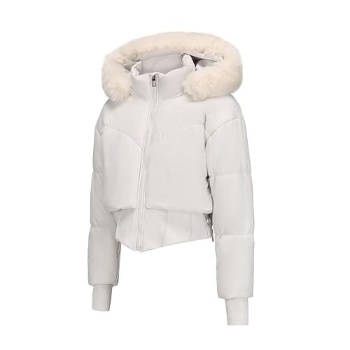 bawilom Womens Winter Cropped Puffer Jacket Long Sleeve Oversized Stand Collar Zip-Up Short Coats with Faux Fur Hood Outwear thumbnail 2