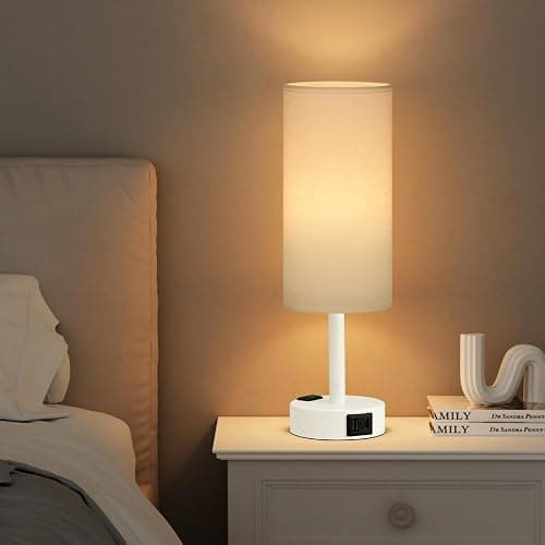 Fenmzee Matte White Bedside Table Lamp for Bedroom - 3 Way Dimmable Touch Lamp USB C Charging Ports and AC Outlet, Small Lamp Round Flaxen Fabric Shade for Living Room, Desk, LED Bulb Included thumbnail 3