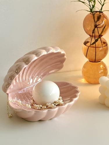 Denique Shell Jewelry Dish Tray, Ceramic Trinket Tray Clamshell Jewelry Storage Dish, Ring Holder Dish Key Bowl, Decorative Jewelry Plate, Cute Jewelry Organizer for Room Decor (Pink) thumbnail 8