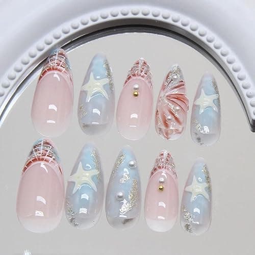 Mkwntg 24Pcs Starfish Press on Nails Medium Almond Fake Nails with 3D Star Pearl Shell Design Colorful French Tip Acrylic False Nails Silver Glitter Blue Ombre Glue on Nails for Women Summer Manicure thumbnail 3