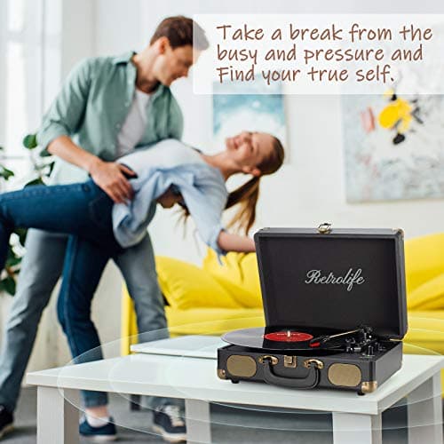 Record Player 3-Speed Bluetooth Suitcase Portable Belt-Driven Vinyl Record Player with Built-in Speakers RCA Line Out AUX in Headphone Jack Vintage Turntable Black thumbnail 6
