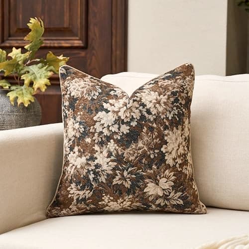 Yangest Neutral Floral Pillow Cover 20 x 20 Inches, Vintage Chenille Square Throw Pillow Cover Soft Decorative Farmhouse Accent Couch Pillow Cover for Living Room Bedroom, Coffee Brown - Image 1