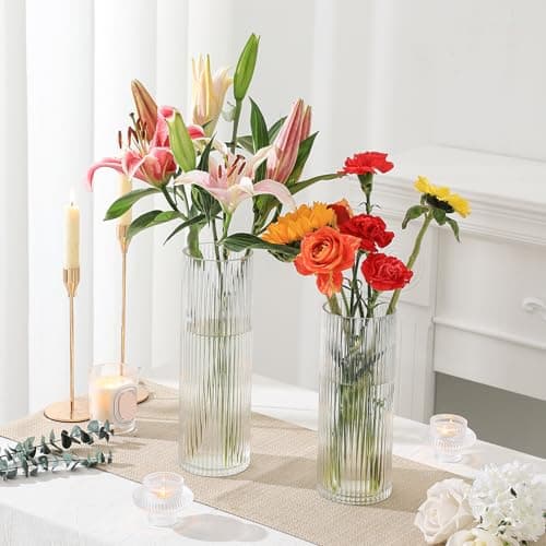YANWE1 Clear Glass Vase, Glass Flower Vase, Ribbed Glass Vase, Clear Vase, Tall Cylinder Glass Vases for Centerpieces, Living Room, Dining Table, Office, Wedding, Bookshelf Decoration, 9.8 Inches thumbnail 9