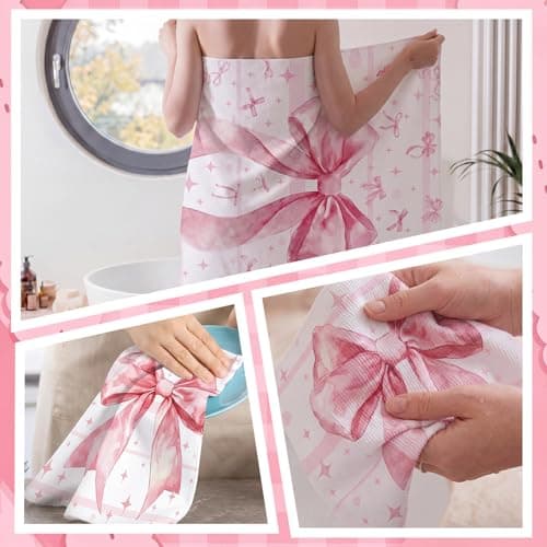 Moukeren Set of 3 Pink Bow Bath Towels Cute Coquette Large Bow Bath Towel Hand Towel and Washcloth Soft Decorative Towels for Girls Womens Bathroom Kitchen Pool Gym Spa Yoga thumbnail 5