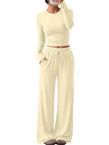Trendy Queen Women's 2 Piece 2026 Fall Fashion Lounge Set with Pockets | Airport Outfit, Athleisure Workout Set, Fall Wardrobe Staple, Winter Style, Side-Ruched Top, Drawstring Wide-Leg Pants - Image 1