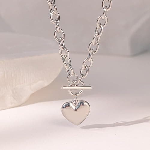Navirix Chunky Heart Pendant Necklace,Minimalist Plated Gold Thick Love OT Clasp Choker,Vintage Puffy Heart Chain Toggle Collarbone Necklace for Women thumbnail 4
