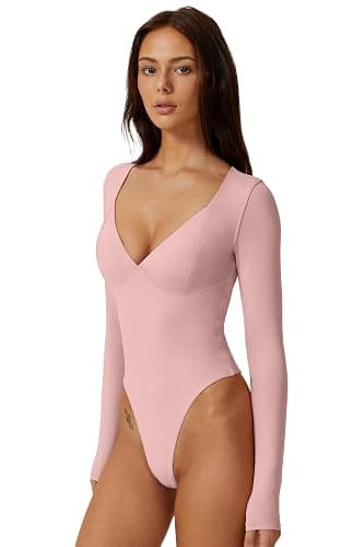 QINSEN Women's Long Sleeve Bodysuit V Neck Body Suits Seamed Cup Going Out Tops Shirt thumbnail 2