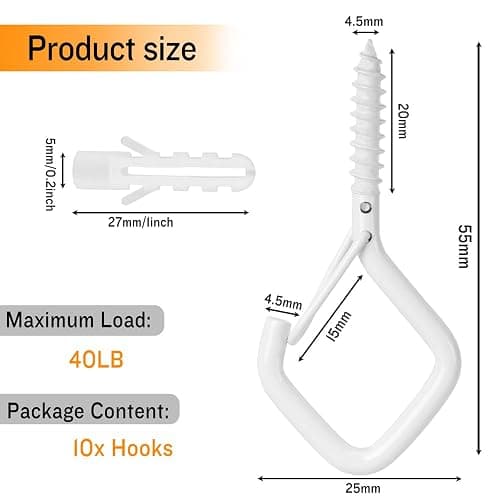 10PCS Ceiling Hooks - Heavy Duty Wall Hooks for Hanging Lights, Plants, & More - White Metal Screw-in Hooks for Garage, Siding, & Christmas Lights thumbnail 3