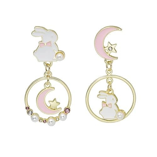 Asymmetric Rabbit Star Moon Earrings,Cute Bunny Pearl Crystal Drop Earring for Women Party Jewelry Gifts - Image 1