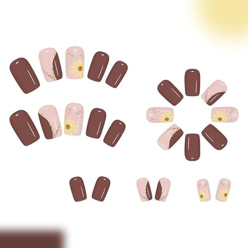 24Pcs Fall Press on Nails Short Square Fake Nails with Design Yellow Daisy Glue on Nails Brown False Nail Striped Glitter Acrylic Nail thumbnail 3