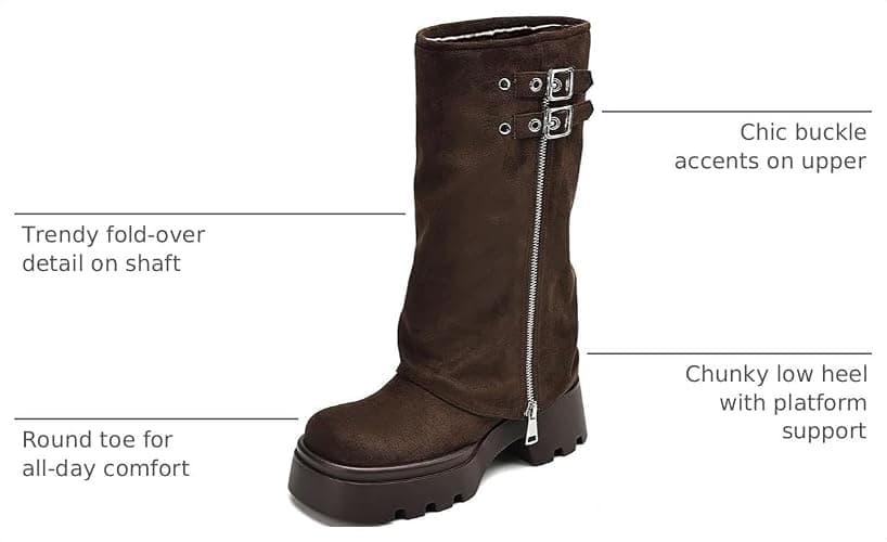 MAVMAX Fold Over Knee High Boots for Women Zipper Buckle Riding Boot Wide Calf Platform Round Toe Chunky Low Heel Tall Boot y2k Trendy Boots thumbnail 3