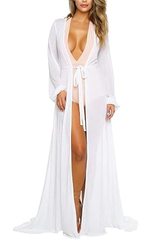 Pink Queen Women's Long Sleeve Flowy Maxi Swimsuit Tie Front Robe Cover Up - White - XX-Large - Image 1