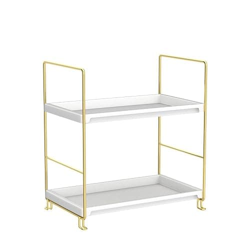 FSyueyun 2-Tier Bathroom Countertop Organizer, Tool-Less Installation Premium Plastics Makeup Shelf Organizer Perfume Skincare for Dresser Vanity Tray Organizers and Storage (Gold) thumbnail 4