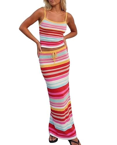 Adoeren Women Striped Knit 2 Piece Maxi Skirt Set Y2k Spaghetti Strap Crop Tank Top Bodycon Skirt Vacation Outfits - Image 1