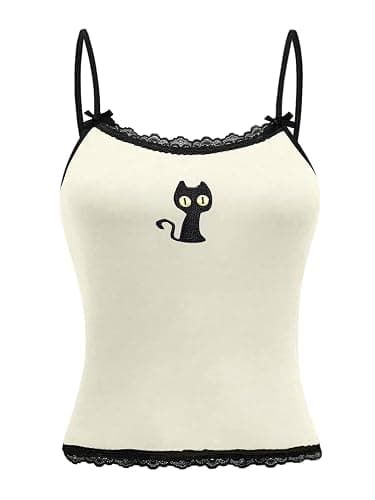 Floerns Women's Sleeveless Cat Embroidery Striped Scoop Neck Contrast Lace Cami Tops - Image 1