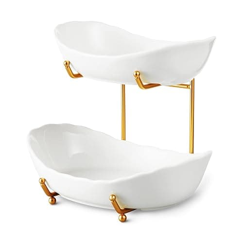 HOMKULA 2 Tier Ceramic Fruit Bowl for Kitchen Counter, Tiered Fruit Basket for Countertop, Modern Multi Layer Fruit Display Stand for Party, Cute (Gold&White, Small) - Image 1
