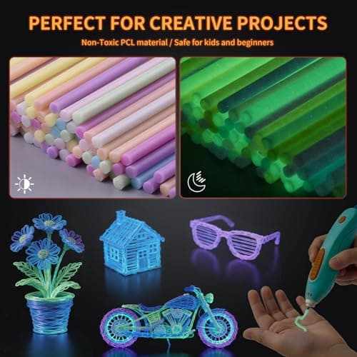 Puikos 10 Colors Glow in The Dark 3D Pen Printing Filament Refill Only Fit for 3Doodler Start+ 3D Pen Low Printing Temperature 2.5mm PCL Filament Refills Packs Each 15.2 cm x 5 pcs Color Total 100 pcs thumbnail 2