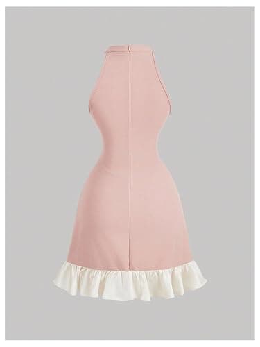 Floerns Women's Cute Bowknot Halter Dress Pearl Beaded Ruffle Hem Party Mini Dresses thumbnail 2