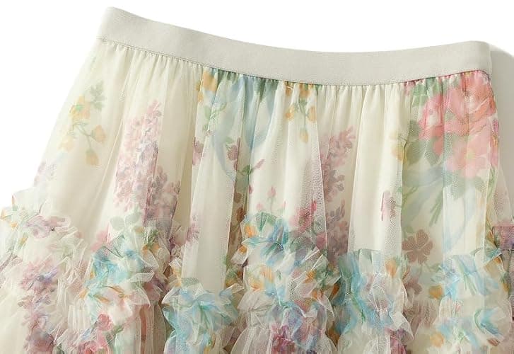 CosSky Womens Floral Tulle Skirt with Beads Elastic High Waist Mesh Tutu A-Line Midi Skirts thumbnail 4