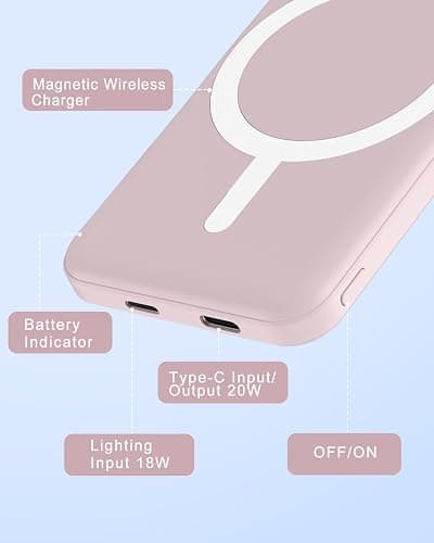 podoru for Magsafe Battery Pack, 5000mAh Magnetic PowerBank with Type-C Cable 20W PD Fast Charging Lighting Input Wireless Charger for iPhone 17/16/15/14/13/12/ All Series-Light Pink thumbnail 5