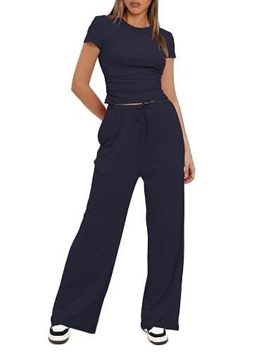 Darong Women's 2 Piece Set Outfits Lounge Sets Ruched Short Sleeve Tops High Waisted Wide Leg Pants Tracksuit Sets thumbnail 3