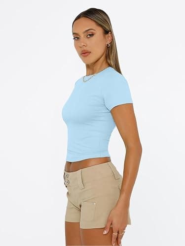 Trendy Queen Womens Short Sleeve T Shirts Summer Crop Tops Basic Slim Fit Gym Workout Y2k Clothes thumbnail 5