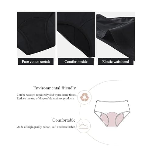 Bhyzdi Women's Period Panties with 4 Layers of Leakproof Protection Heavy Flow Mid Waist Menstrual Cotton Briefs 5 Pack thumbnail 4