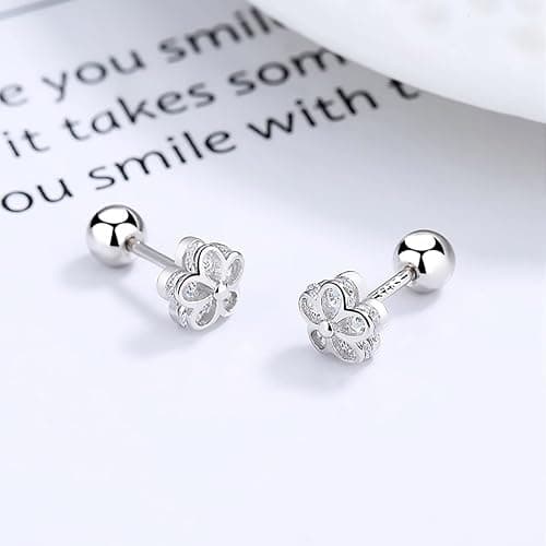 THOKUNA 18K Gold Plated Sterling Silver Cubic Zirconia Screw Back Small Trendy Dainty Cute Flower Stud Earrings for Women with Jewelry Rose Box thumbnail 5