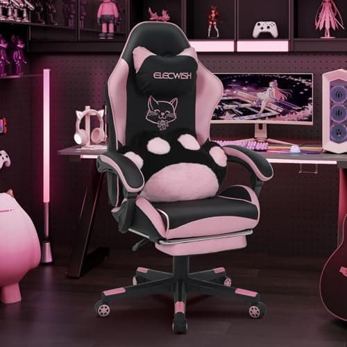 YU YUSING Bonita Silla Gaming con Pata de Gato Cojín Lumba y Orejas de Gato, Silla Gamer Ergonómica Escritorio, Reposapiés Reposacabeza, Caldera de Ordenador para Niñas, Adolescentes, Oficina, Rosa - Image 1