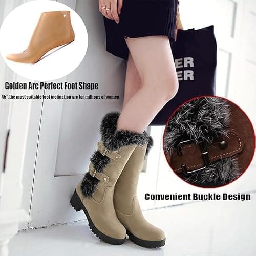Women's Suede Mid-Calf Snow Boots Warm Womens Boots Fleece Furry Leather Non-slip Snow Fur Lined Insulated Boot thumbnail 5
