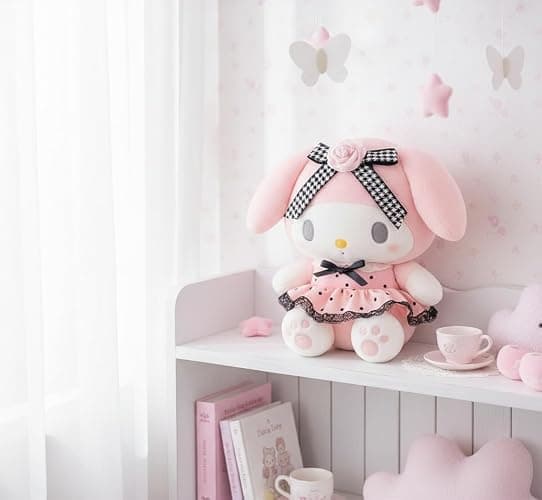 AlphaDesignLuxe 13″ Kitty Plush Toy – Kawaii Cat Stuffed Animal with Long Pink Ears, Polka-Dot Dress, Black Lace Trim & Rose Bow, Soft Plush Doll Gift for Kids, Teens & Collectors thumbnail 2