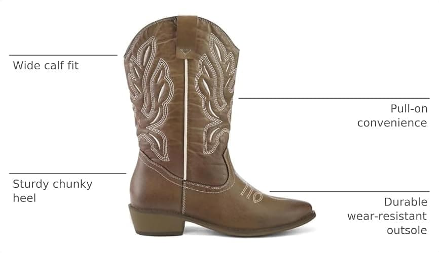 mysoft Cowboy Boots for Women-Mid Calf Chunky Heel Cowgirl Boots | Pointed-toe western boots with pull-on closure; calf width available. Perfect for country style and daily wear thumbnail 3