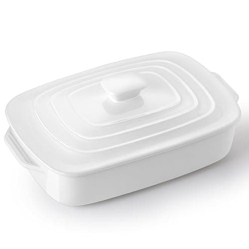 Large Ceramic Casserole Dish with Lid, 4.0 Quart Covered Rectangular Stoneware Baking Dishes for Oven, Deep 9x13 Inch Lasagna Pans for Baking and Serving, Perfect for Christmas Gifts, White - Image 1
