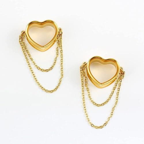 Earblity 2PCS Women Dangle Earrings 6mm-25mm,(2G-1inch) Heart Double Chain Earrings Ear Tunnels hangers for stretched,Hypoallergenic Body Piercing Jewelry thumbnail 4