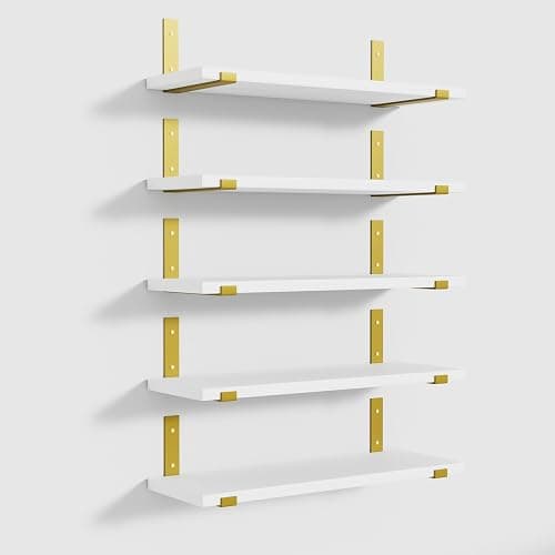 Fixwal Floating Shelves Set of 5, Width 4.7 Inches Wall Shelves, Rustic Wood Wall Storage Shelves for Bedroom, Living Room, Kitchen, Bathroom, Home Decor, Laundry Room, Office and Plants (White Gold) - Image 1