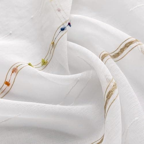 pureaqu Faux Linen Stripe Pattern Sheer Curtains for Bedroom/Kids Embroidered Colorful Rainbow Semi Sheer Voile Window Curtain for Living Room Rod Pocket Tulle W39 x L84 Inch 1 Panel thumbnail 6
