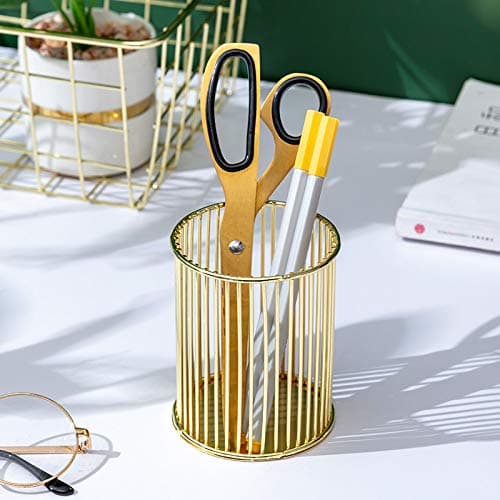 HSYMQ Gold Metal Pen Holder for Desk, Makeup Brushes Cup, Pencil Holders, Office&Home Organizer thumbnail 2