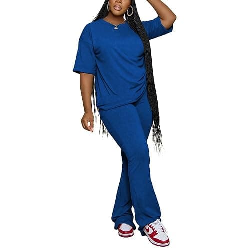PINSV Women 2 Piece Outfits Short Sleeve Top and Flare Pants Lounge Sets Tracksuit - XX-Large - Blue - Image 1