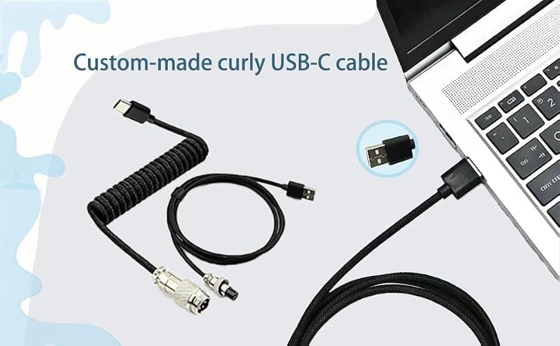 HSEUOPV Custom Coiled USB C Cable for Gaming Keyboard, Double-Sleeved Mechanical Keyboard Cable with Detachable Metal Aviator,USB-C to USB-A (1.8 M,Black) thumbnail 3