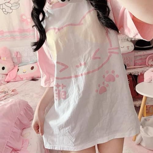 RILGOU Harajuku Kawaii Crewneck Cartoon Graphic Cute Kitty Print T-Shirt | Cutecore, Vintage Casual Style, Streetwear, Athleisure, Cotton Materials, Loose Fit, Raglan Short Sleeve, For Daily Wear thumbnail 4