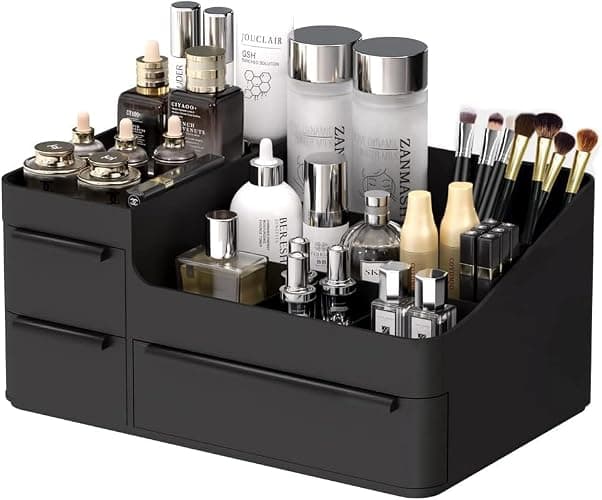 Makeup Organizer for Vanity, Bathroom Countertop Storage Display Boxes Case,Stackable Cosmetic Holder for Jewelry Hair Accessories Beauty Skincare Product Organizing with drawer organizer tray, Black - Image 1