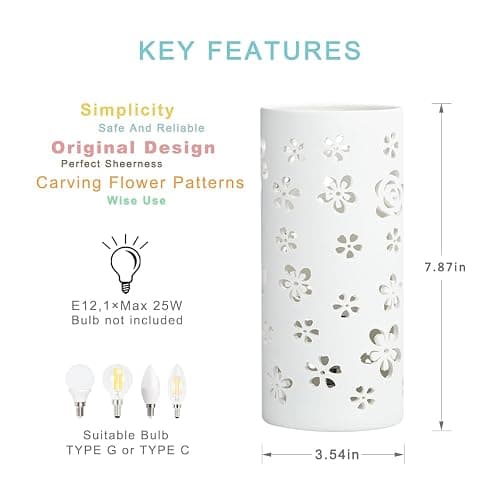 Lampwell Dana White Modern Ceramic Flower Carving Table Lamp for Living Room & Bedroom,Kids Night Ceramic Table Lamp,Φ3.54×H7.87IN,Bulb Excluded thumbnail 5