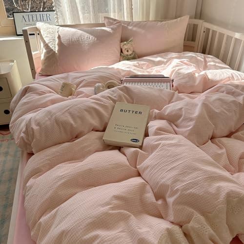 LifeTB Pink Gingham Comforter Set Full Size Soft Fluffy Romantic Lace Bedding Set Cottagecore Cute Plaid Checkered Comforter Set 3 Pieces Pink Grid Farmhouse Bedding Comforter with 2 Pillowcases thumbnail 8
