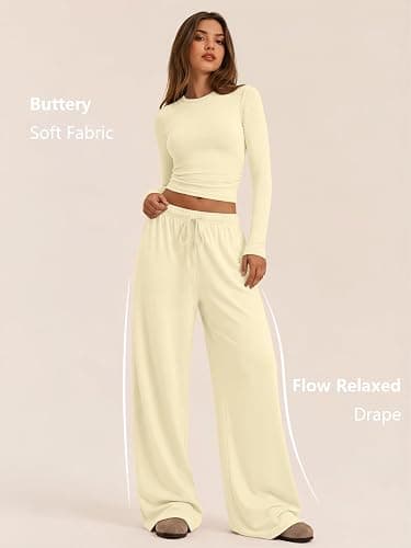 Trendy Queen Women's 2 Piece 2026 Fall Fashion Lounge Set with Pockets | Airport Outfit, Athleisure Workout Set, Fall Wardrobe Staple, Winter Style, Side-Ruched Top, Drawstring Wide-Leg Pants thumbnail 2
