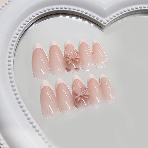 24pcs French Tip Press on Nails Medium Almond Fake Nails with Charms Designs Bow False Nails Stick on Nails Full Cover Glossy Artificial Nails for Women Girl Nail Decoration Supplies thumbnail 5