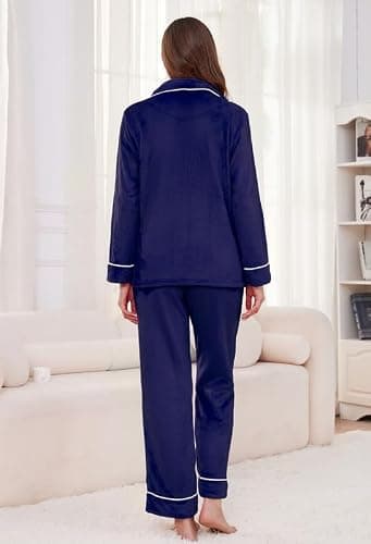 EK4YDNDS Women Fleece Pajama Set, Long Sleeve Button-Down Soft Comfy Two-Piece Sleepwear Lounge Set thumbnail 5
