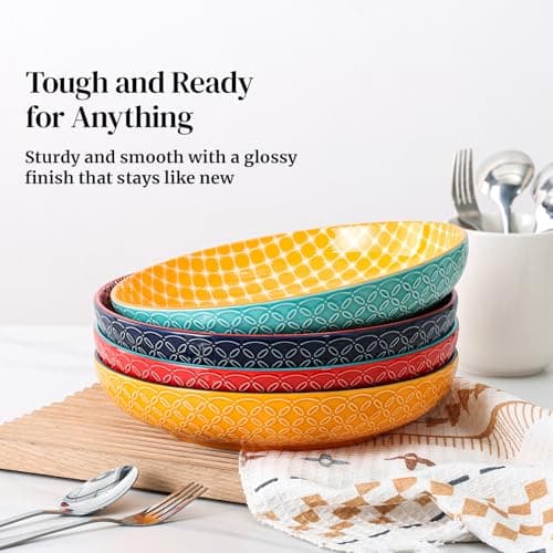 DOWAN 10" Vibrant Pasta, Salad & Soup Serving Bowls Set of 4, Embossed Large Porcelain Ceramic, Microwave & Dishwasher Safe, Bonita Design Dinnerware Dishes for Daily Dining, Family Gatherings, Party thumbnail 6